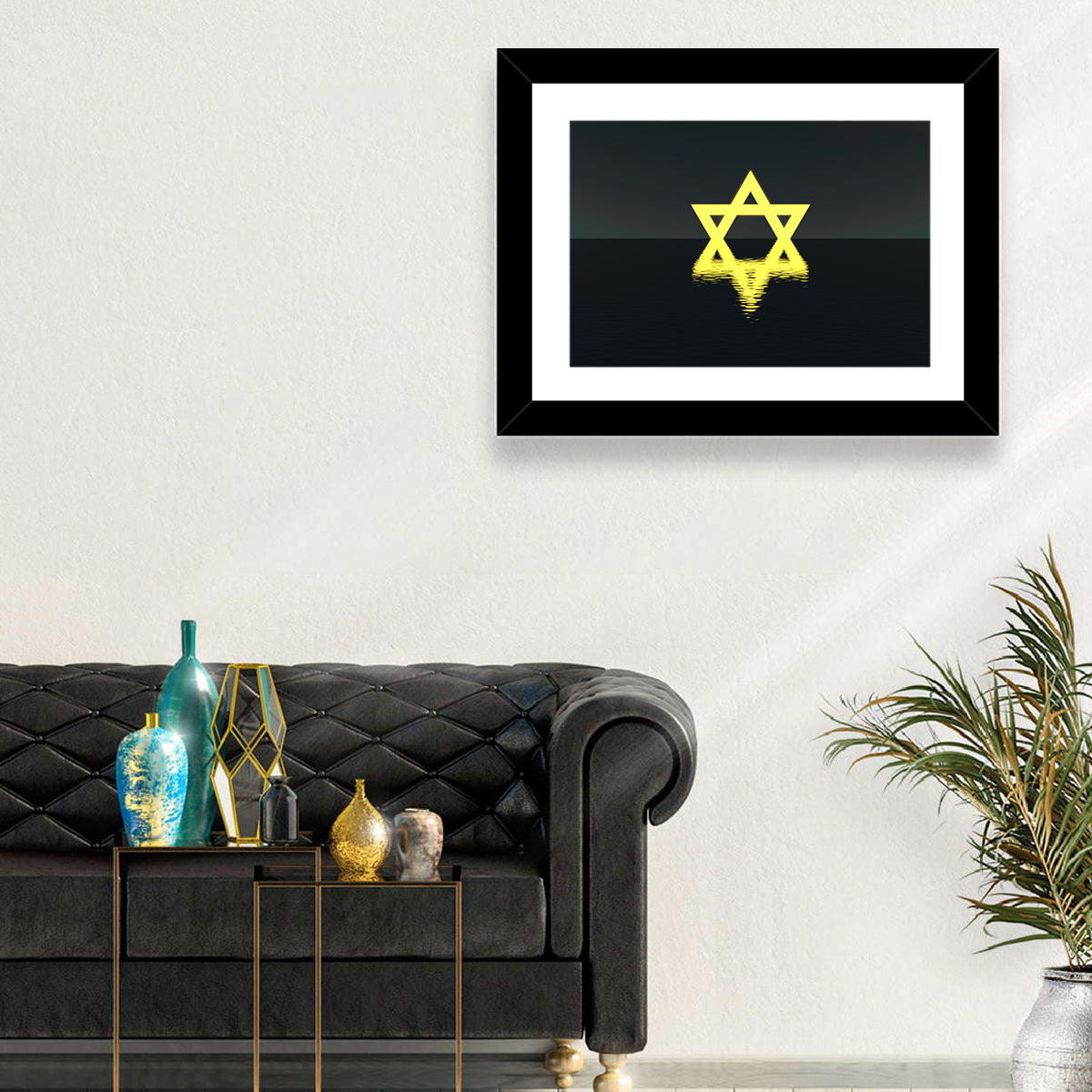 Glowing Star of David Reflection Wall Art in a room, landscape