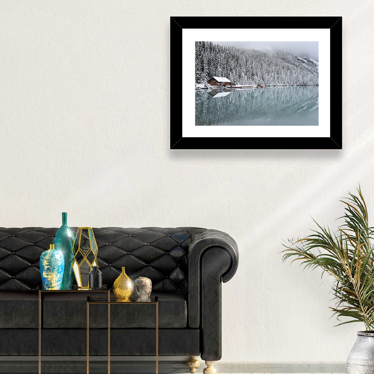 Lake Louise Winter Reflection Wall Art in a room, landscape