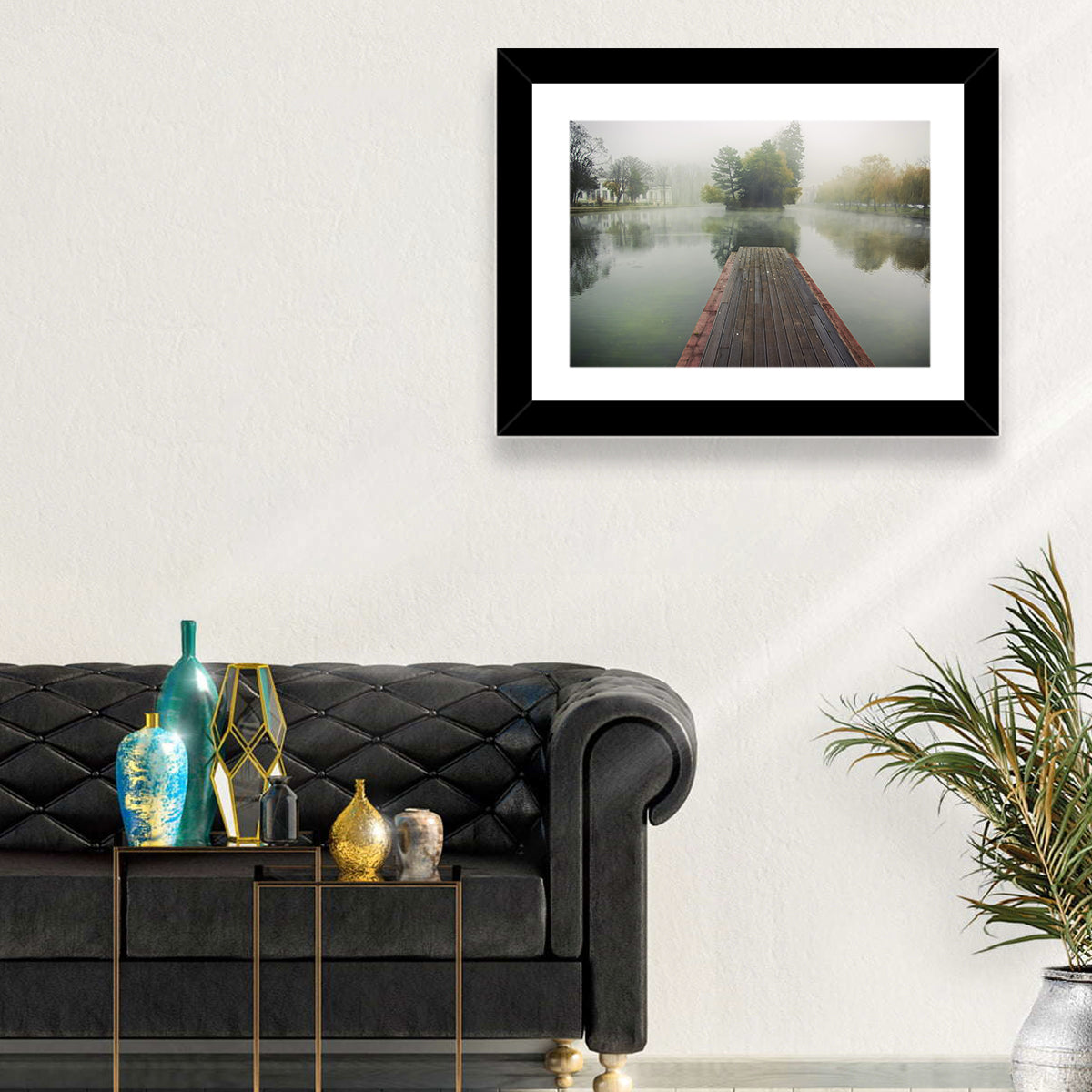 Wooden Pier on Foggy Lake Wall Art in a room, landscape