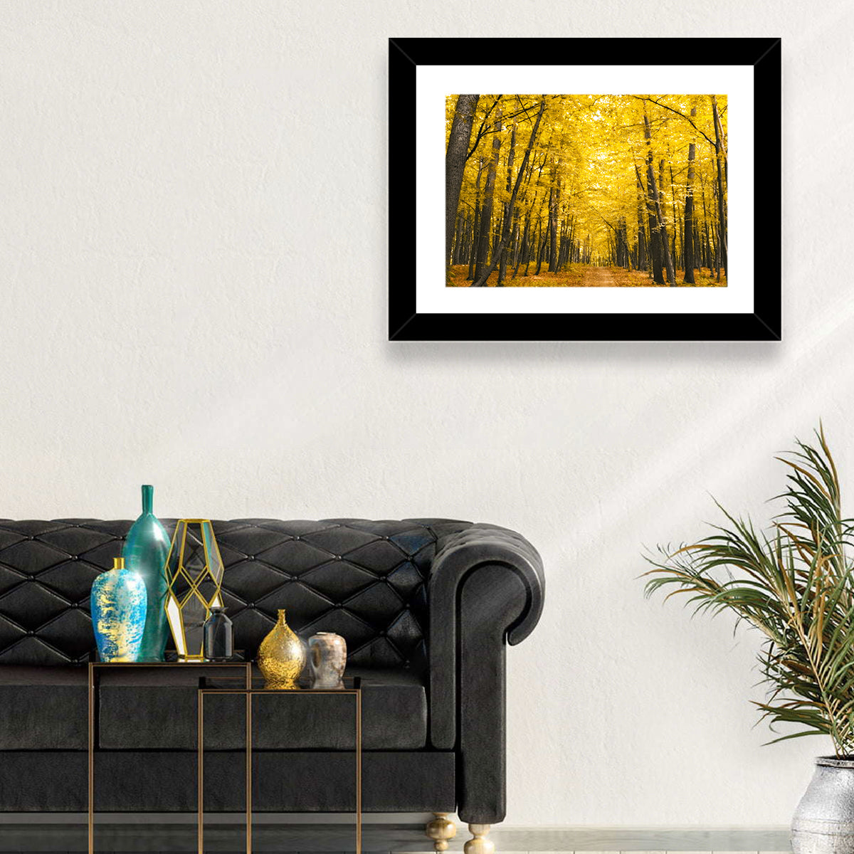 Yellow Autumn Forest Path Wall Art in a room, landscape