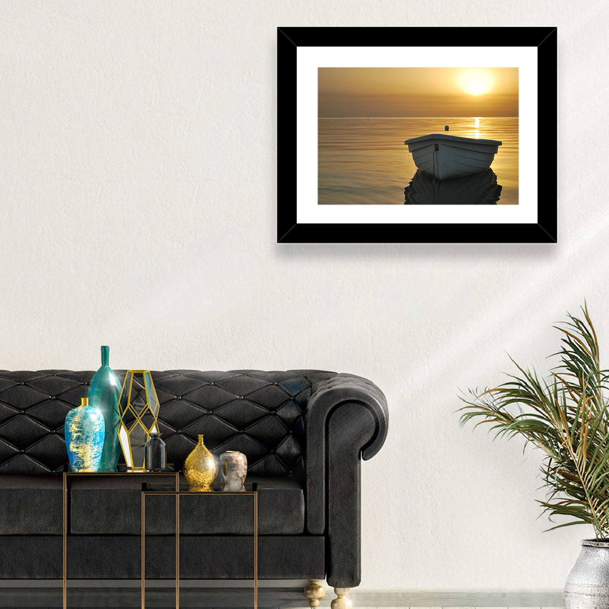 White Rowboat on Golden Sea Wall Art