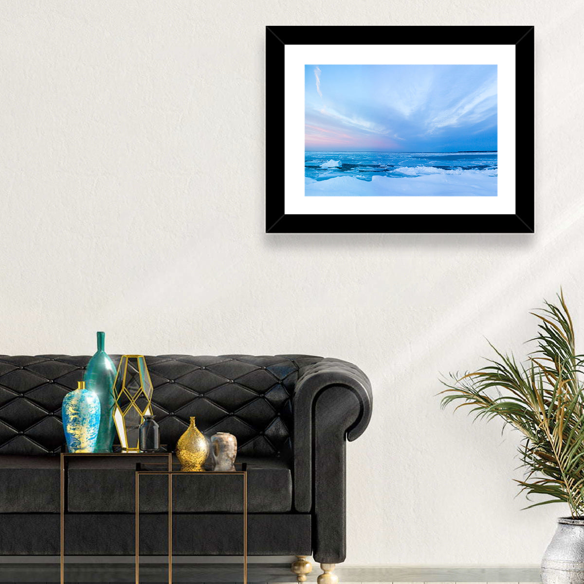 Frozen Blue Seascape Wall Art in a room, landscape