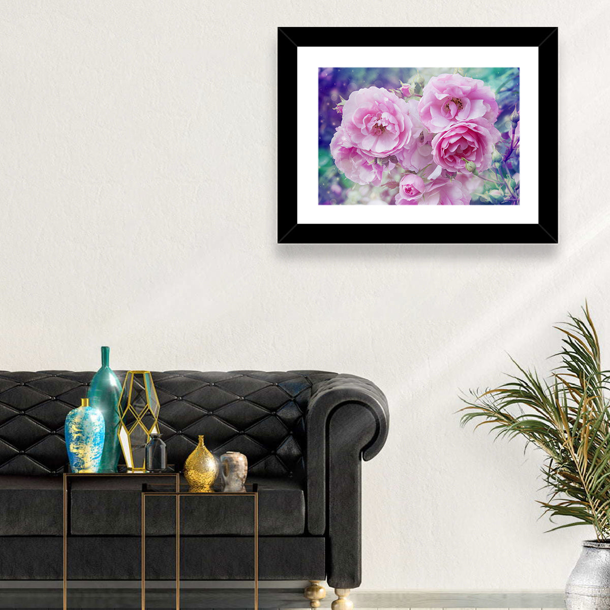 Springtime Pink Rose Cluster Wall Art in a room, landscape