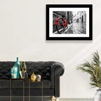 Red Bicycle on Rainy Cobblestone Street Wall Art