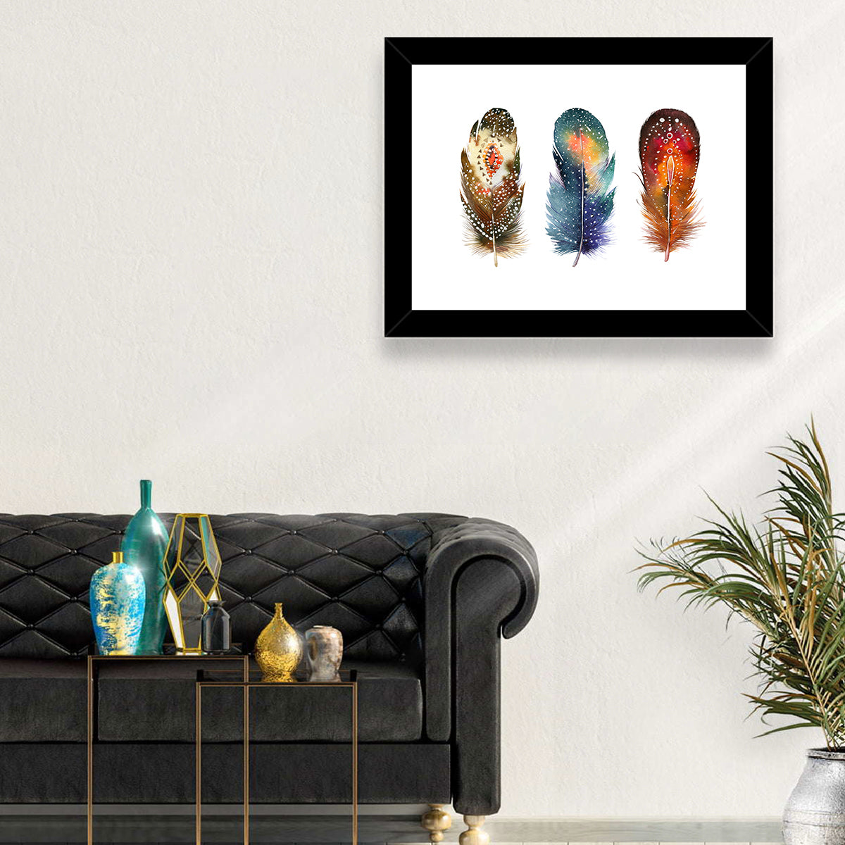 Boho Watercolor Feather Trio Wall Art in a room, landscape