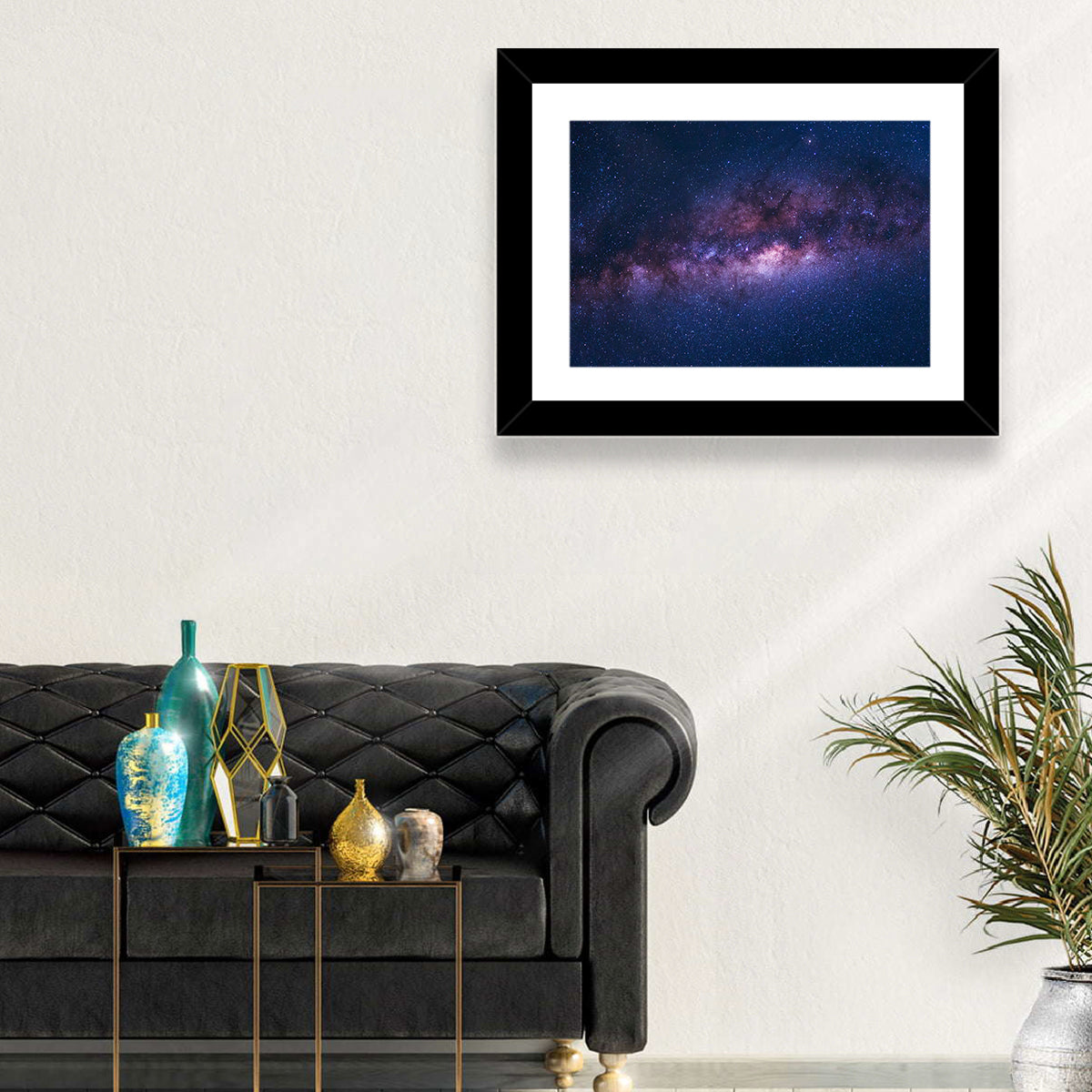Violet Blue Milky Way Galaxy Wall Art in a room, landscape