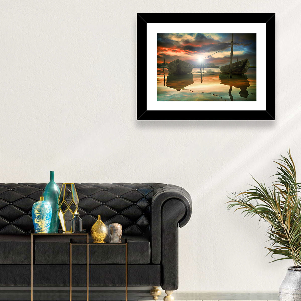Two Wooden Boats at Sunset Wall Art