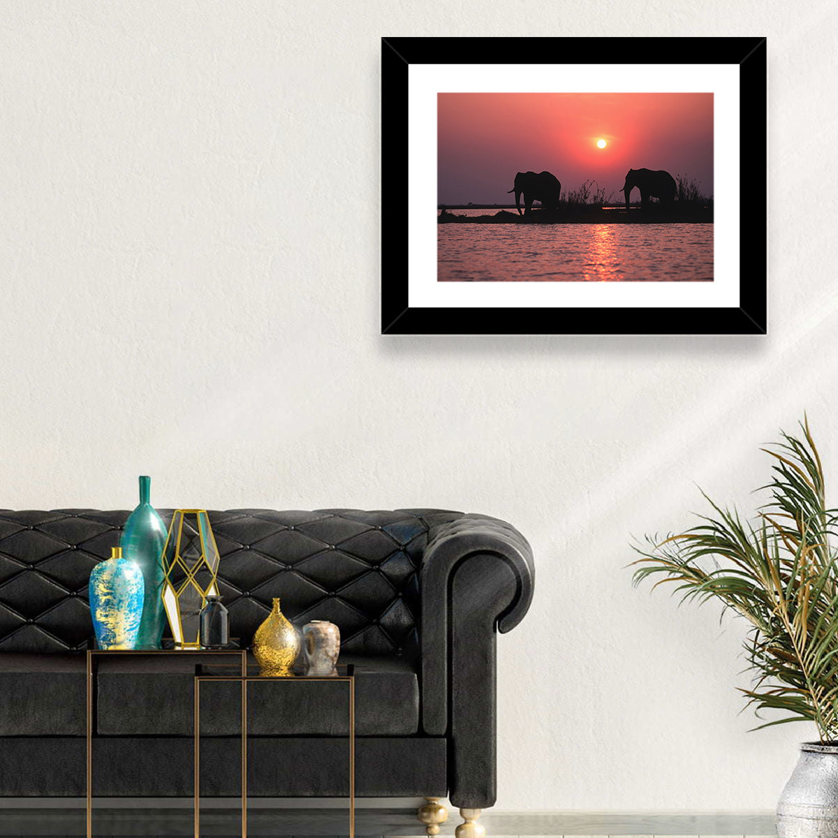 Elephants at Sunset Silhouette Wall Art in a room, landscape