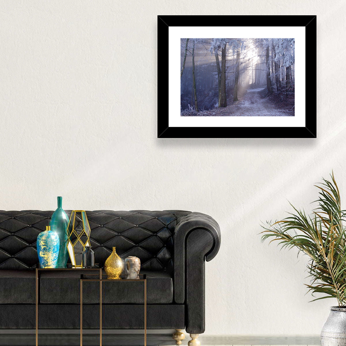 Frosted Forest Path at Dawn Wall Art in a room, landscape