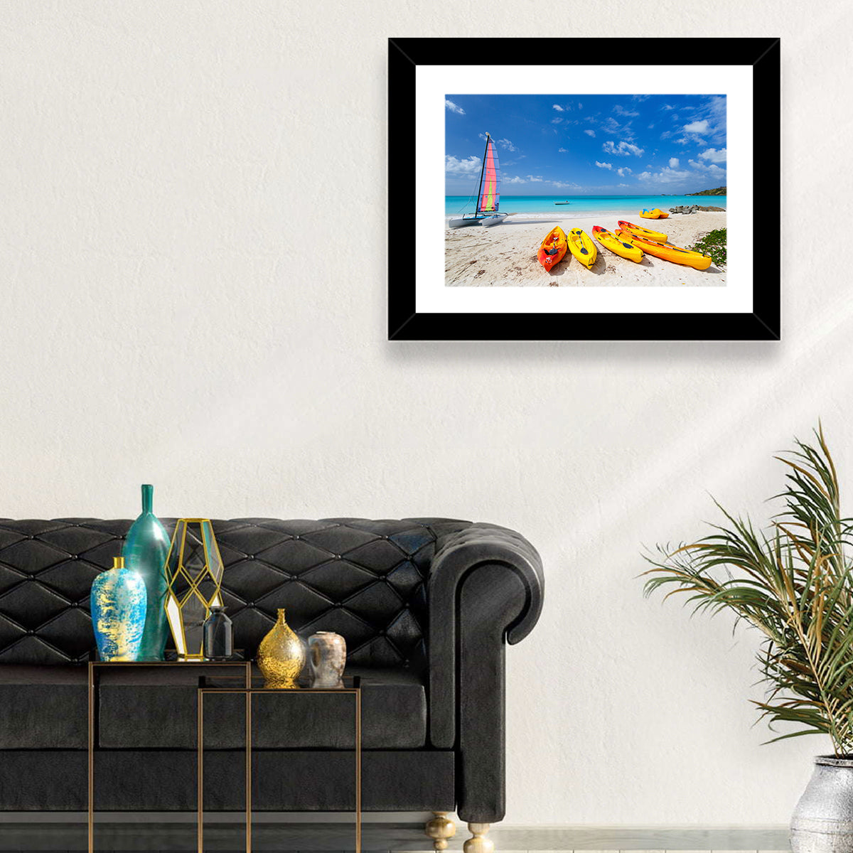 Yellow Kayaks on Tropical Beach Wall Art in a room, landscape