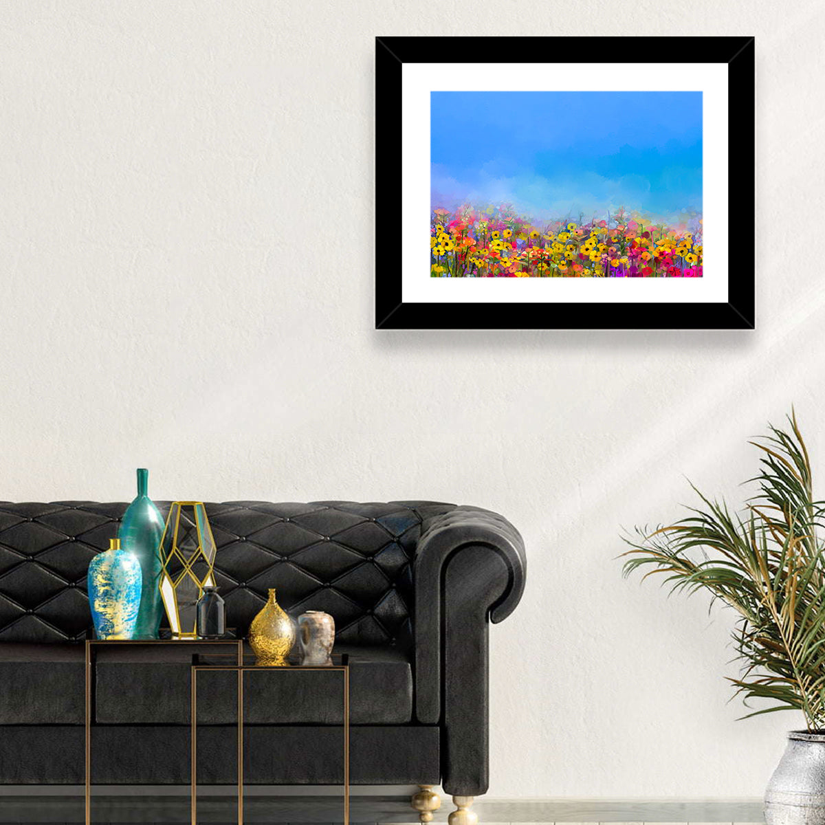 Cornflower and Daisy Meadow Wall Art in a room, landscape