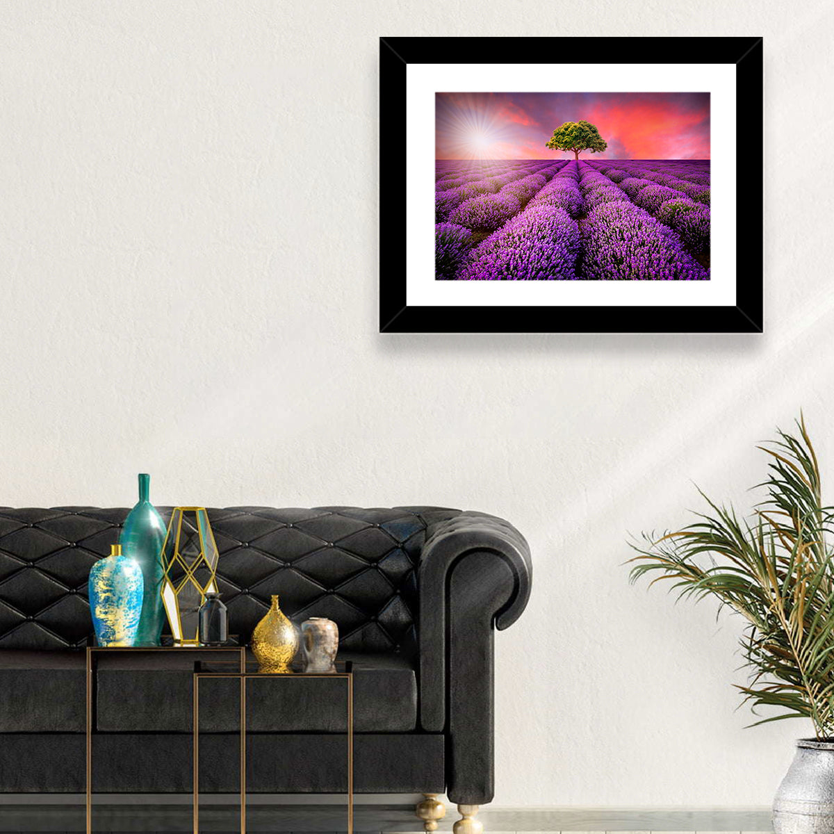 Sunset Over Lavender Fields Wall Art in a room, landscape