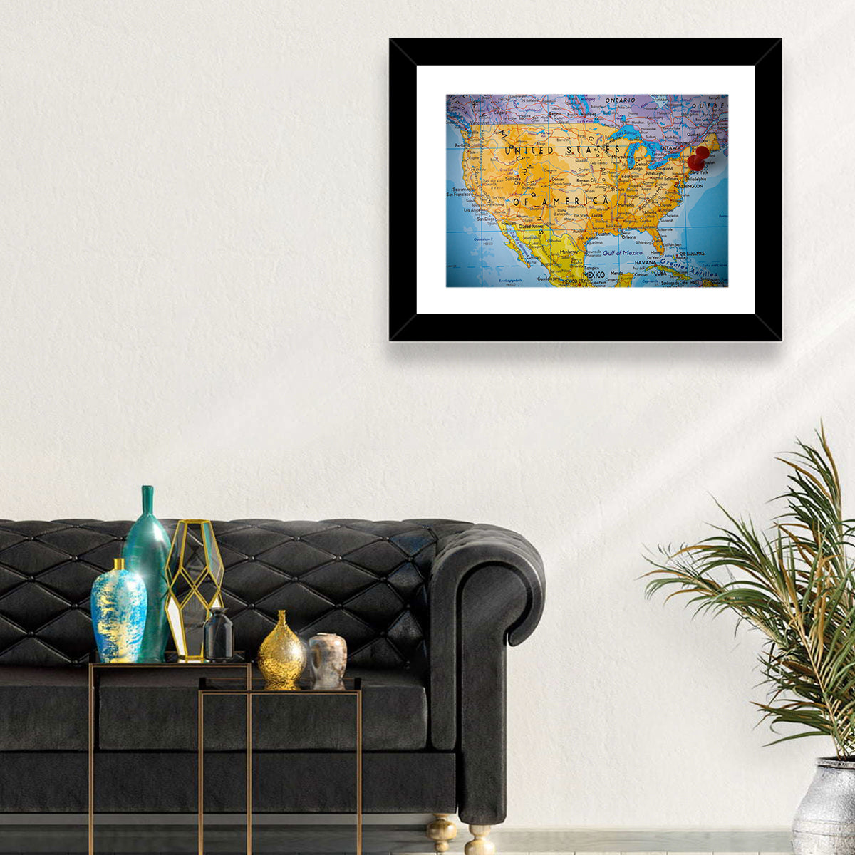 Vintage USA Map with Northeastern Pushpin Wall Art in a room, landscape