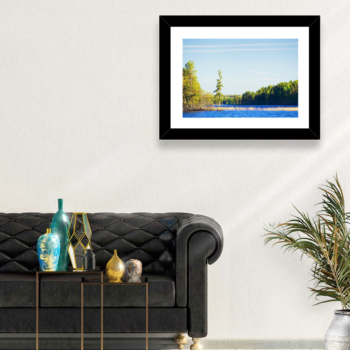 Summer Forest Lake Shoreline Wall Art in a room, landscape