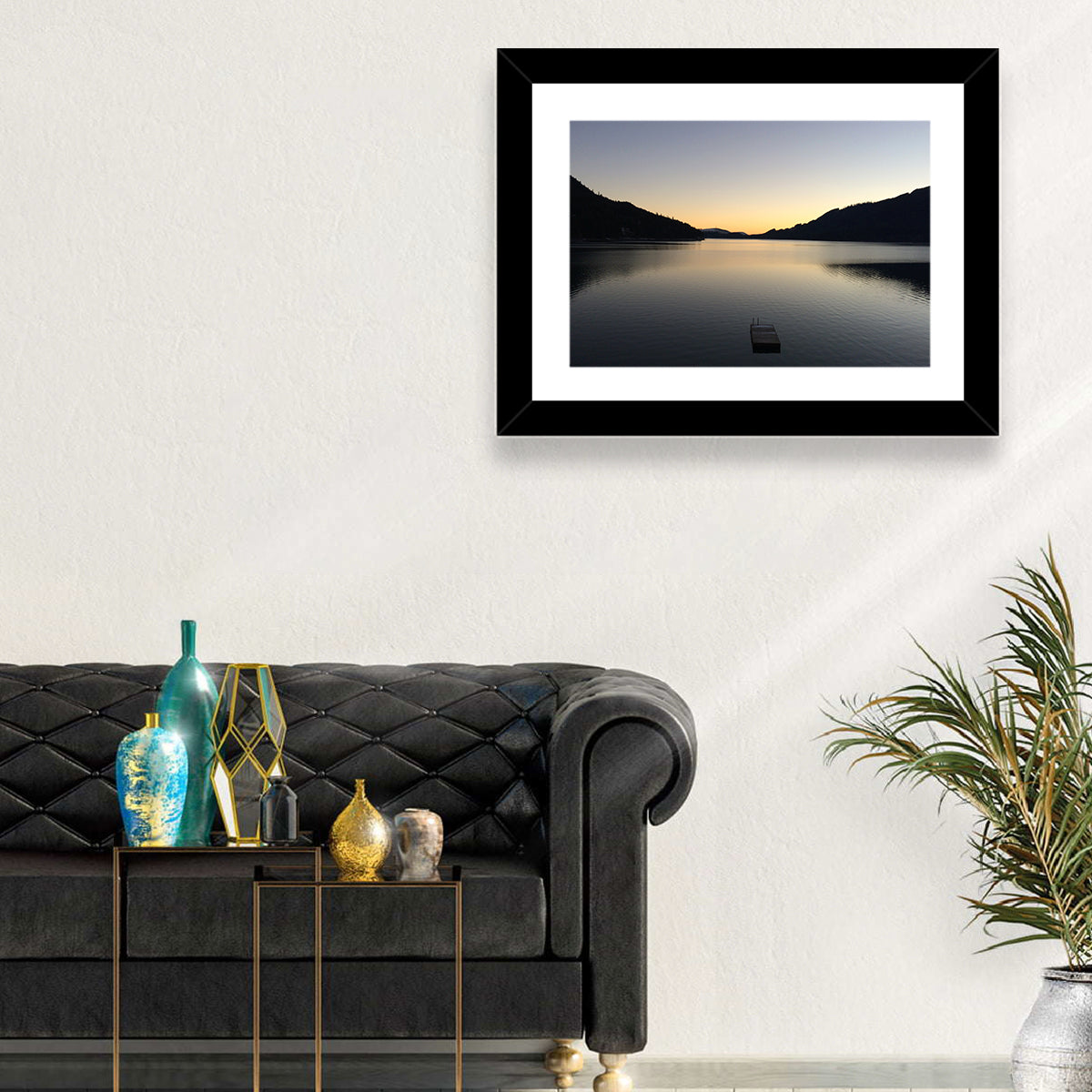Lake Cushman Dock at Dusk Wall Art in a room, landscape