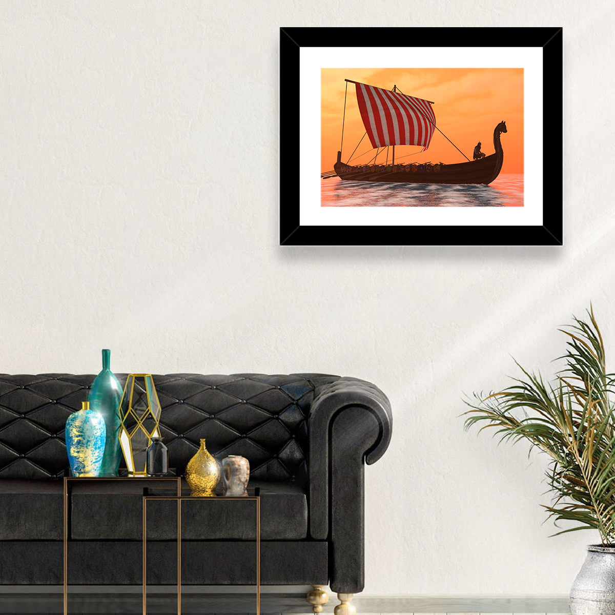 Viking Longship at Dusk Wall Art in a room, landscape