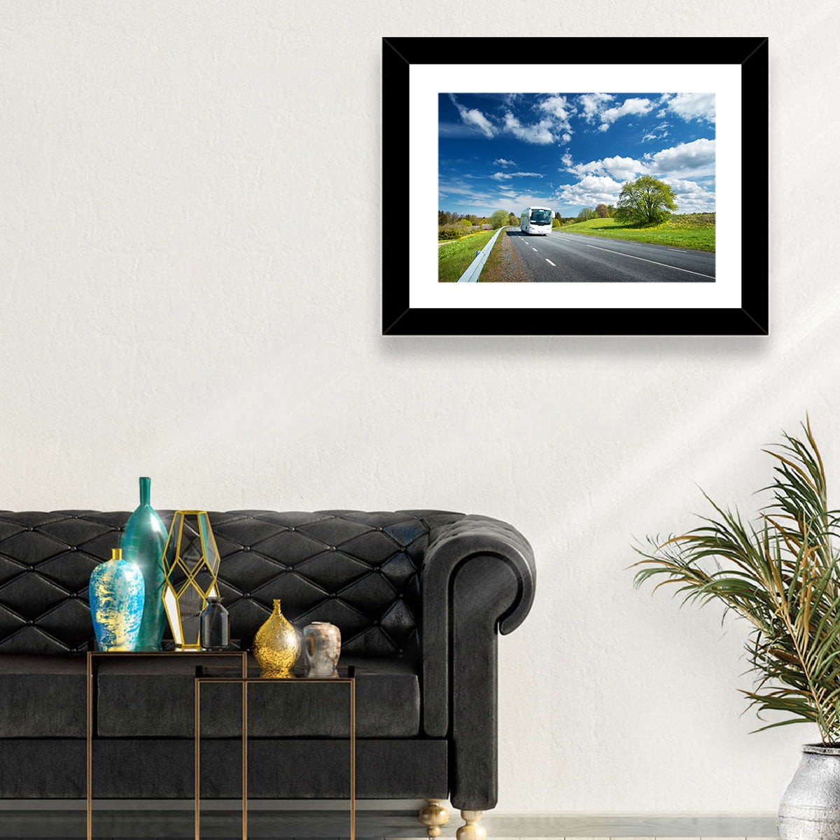 White Bus on Meadow Road Wall Art in a room, landscape