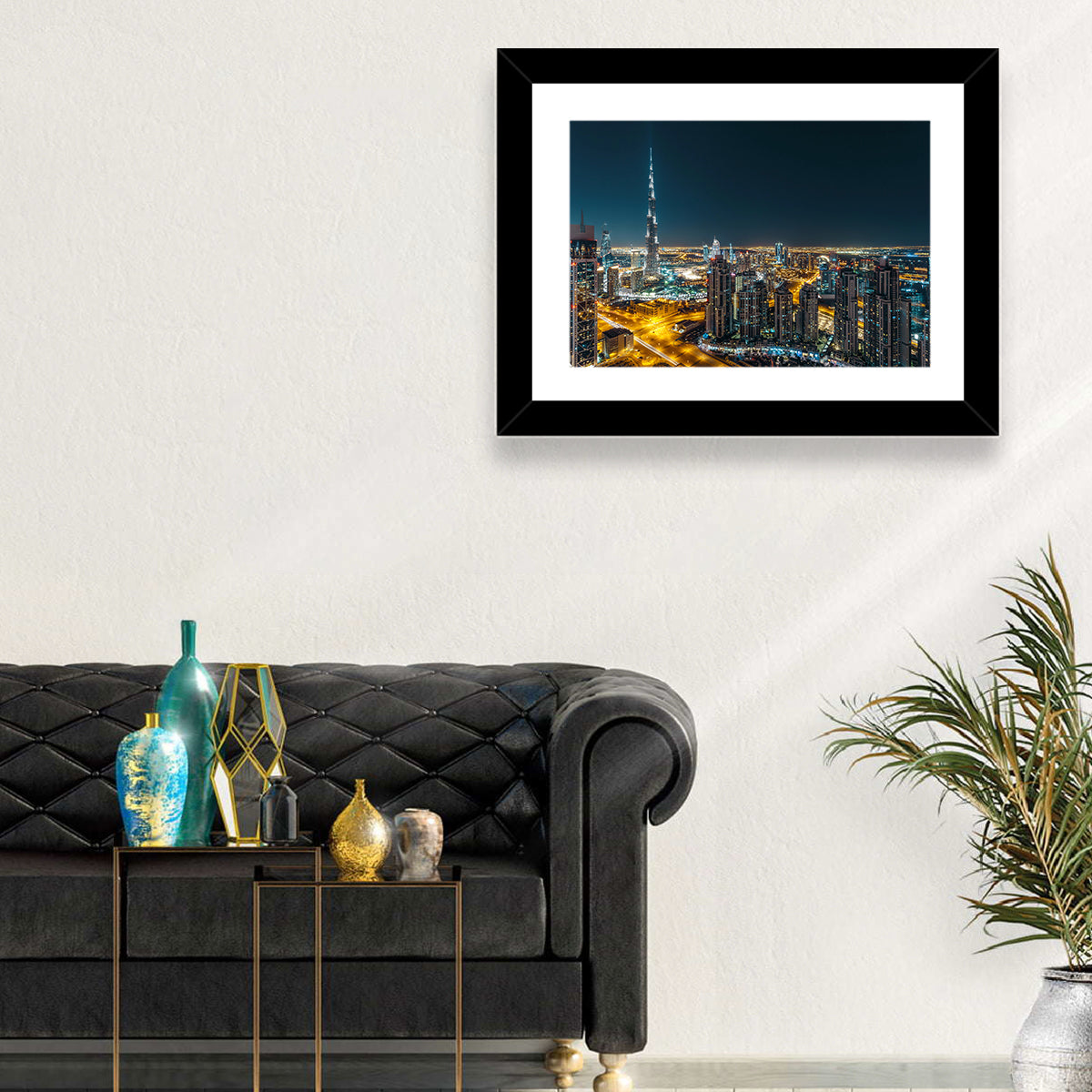 Dubai Night Skyline with Burj Khalifa Wall Art in a room, landscape