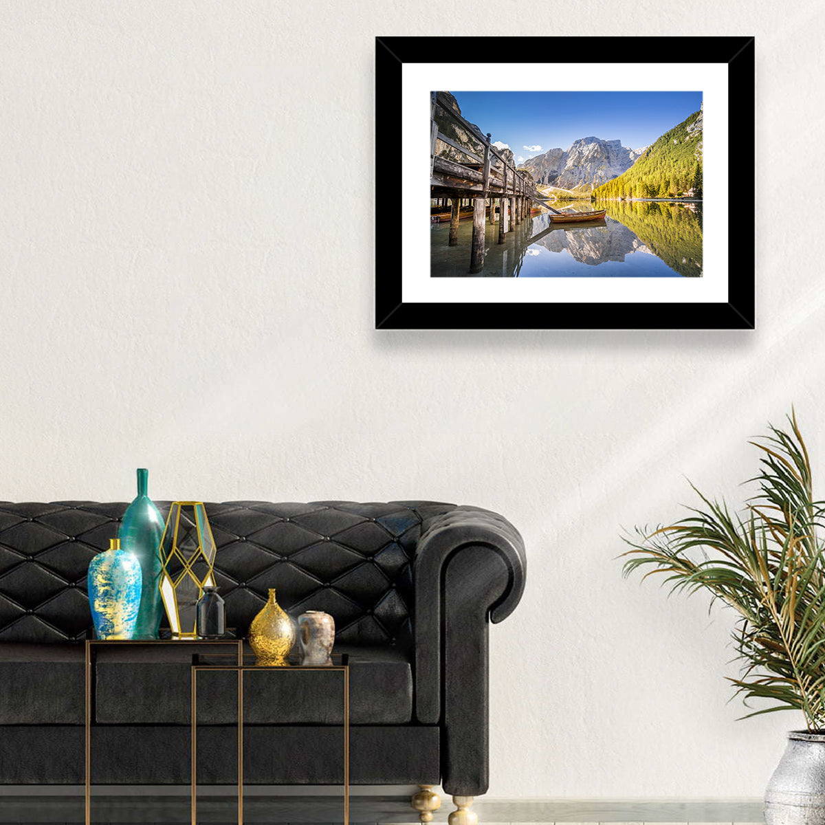 Lago Di Braies Pier Wall Art in a room, landscape