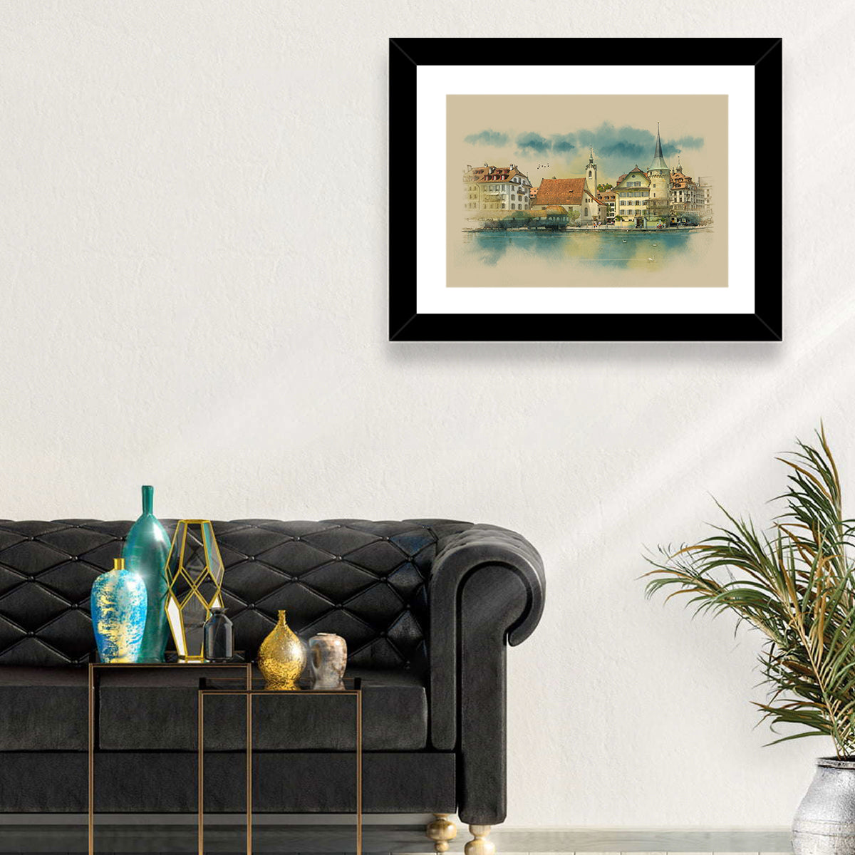 Lucerne Waterfront Sketch Wall Art in a room, landscape