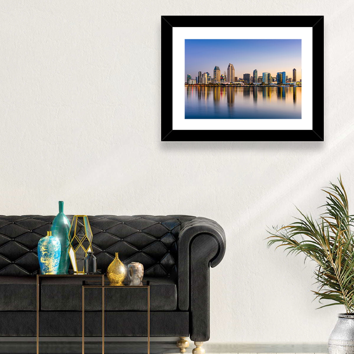San Diego Skyline at Golden Dusk Wall Art in a room, landscape