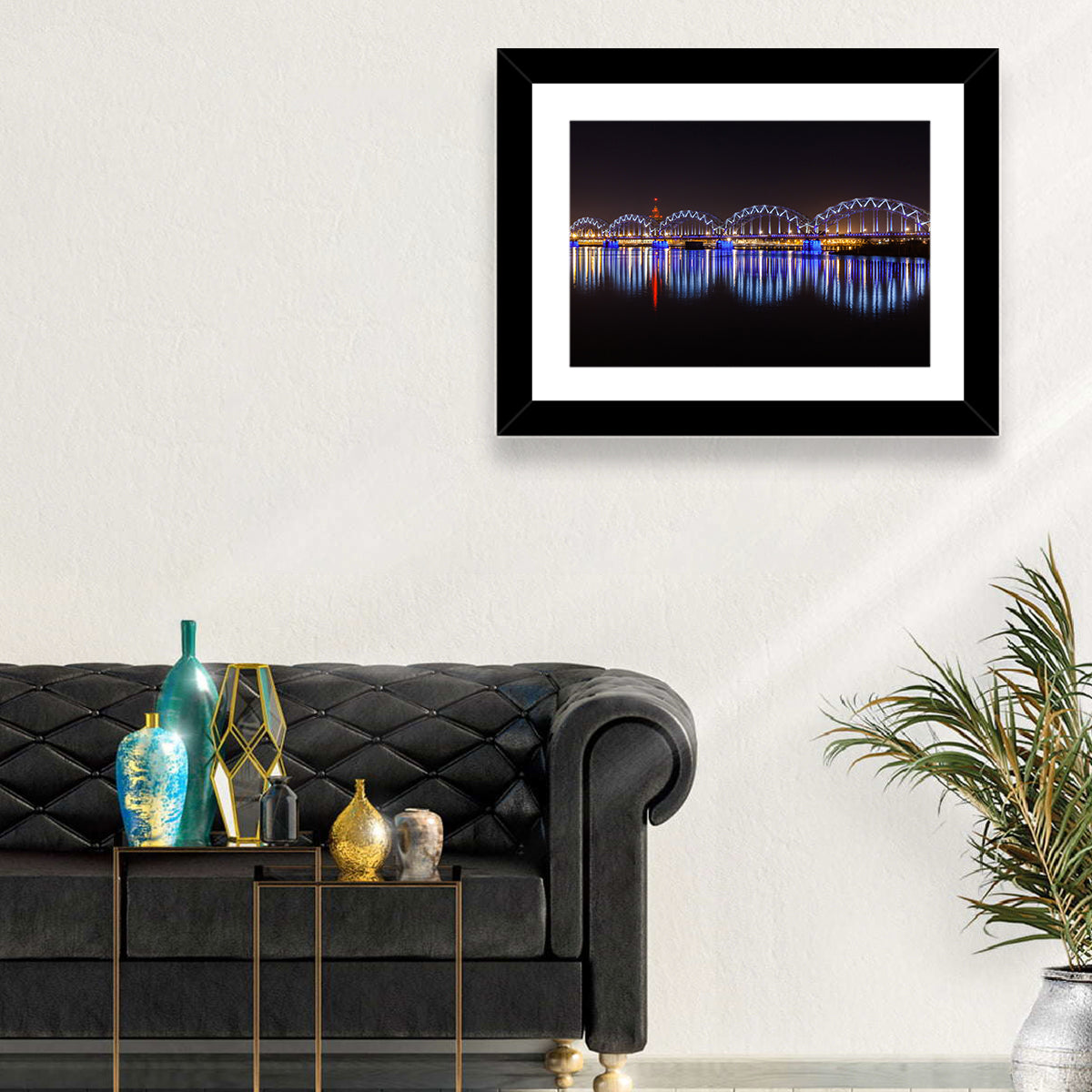 Riga Railway Bridge Nightscape Wall Art in a room, landscape