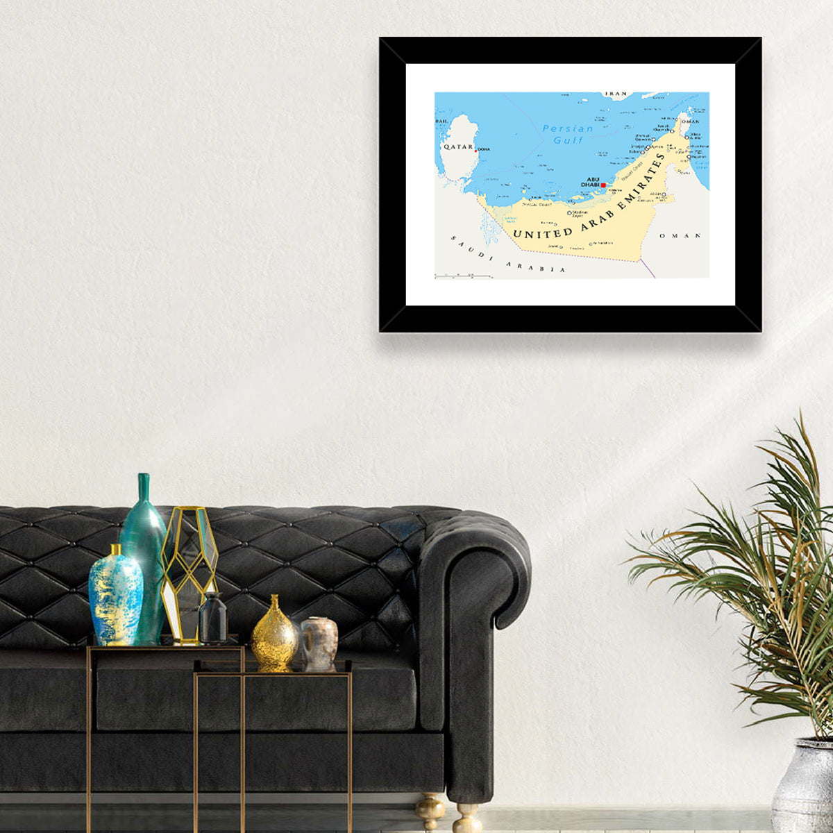UAE Political Map Wall Art in a room, landscape
