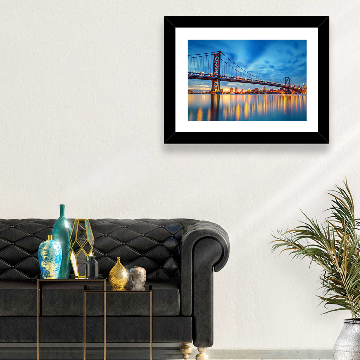Benjamin Franklin Bridge Twilight Wall Art in a room, landscape