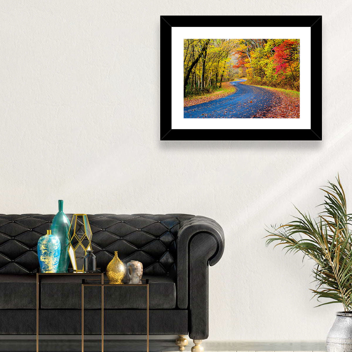 Wet Autumn Road Wall Art in a room, landscape