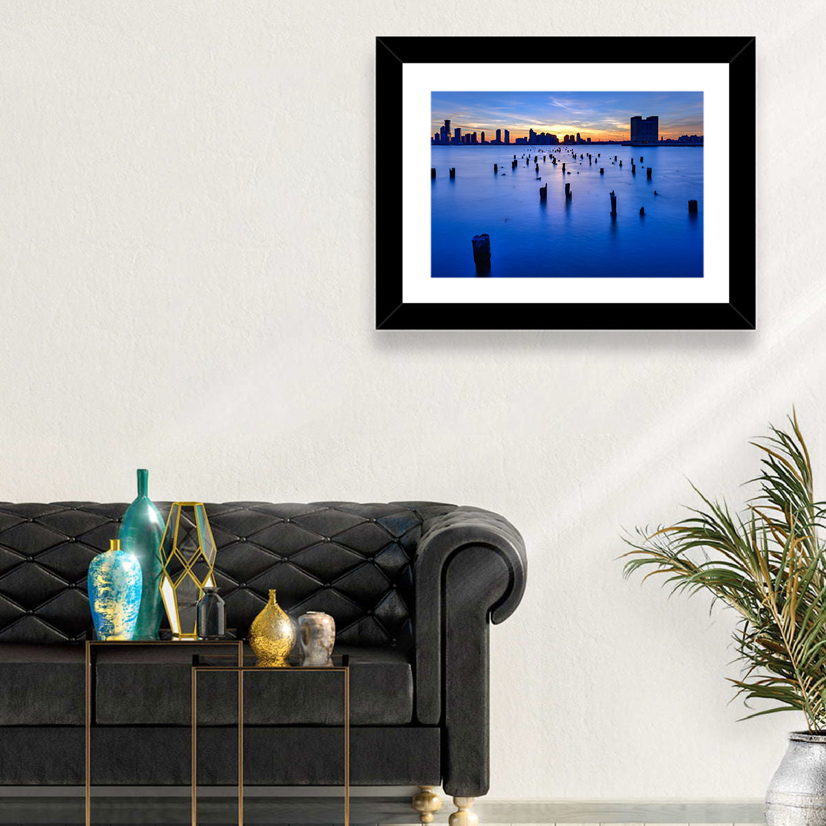 Jersey City Skyline at Dusk Wall Art in a room, landscape
