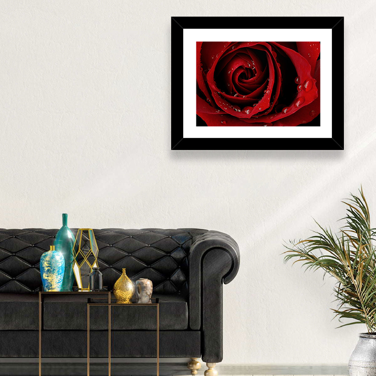 Red Rose with Dew Drops Wall Art in a room, landscape