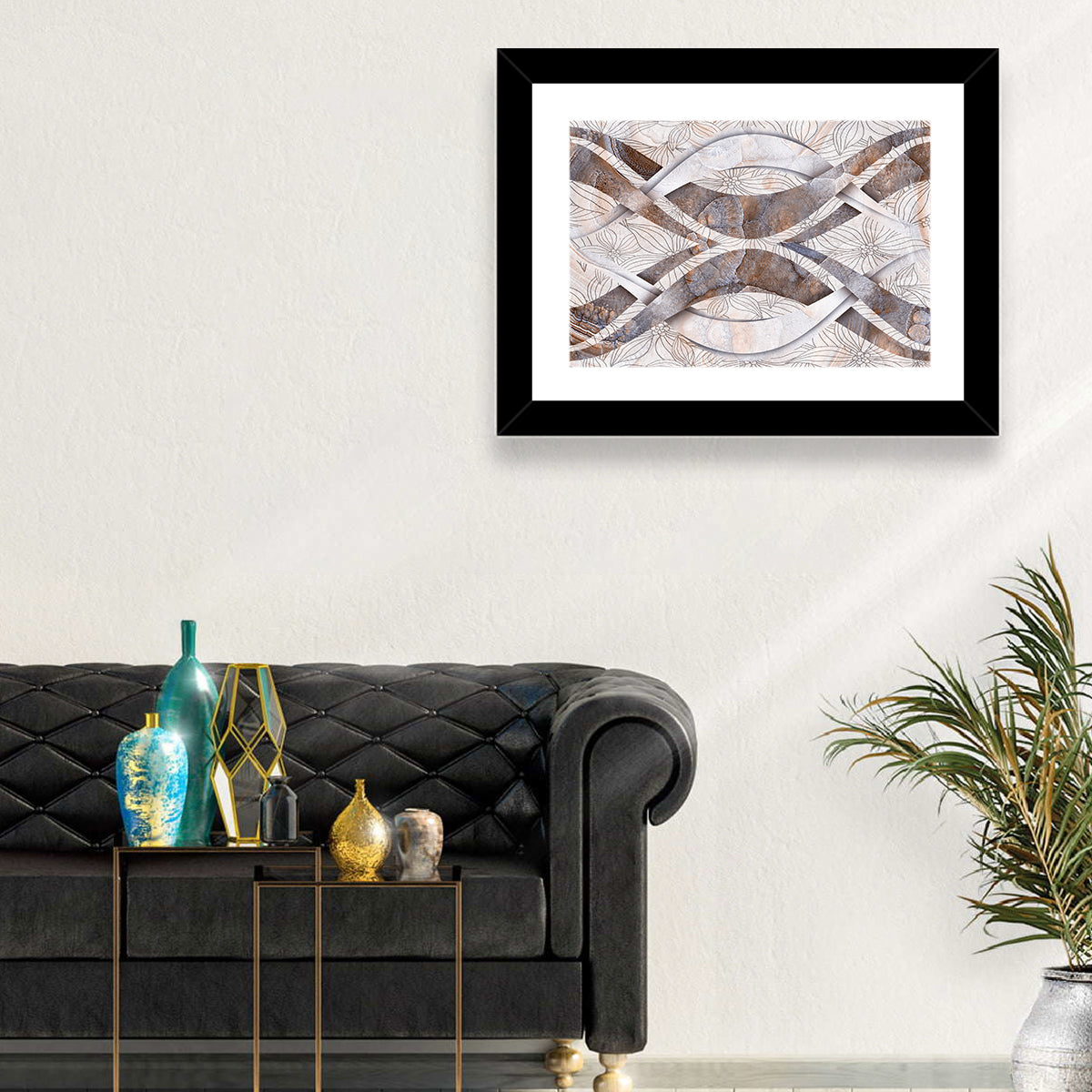 Waving Stone with Line Flowers Wall Art in a room, landscape