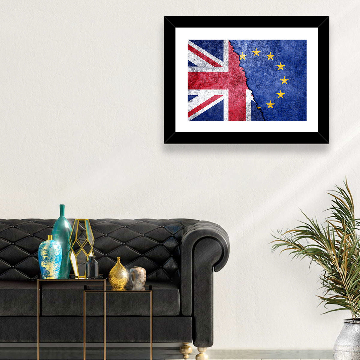 Divided Union Jack and Eu Flag Wall Art in a room, landscape