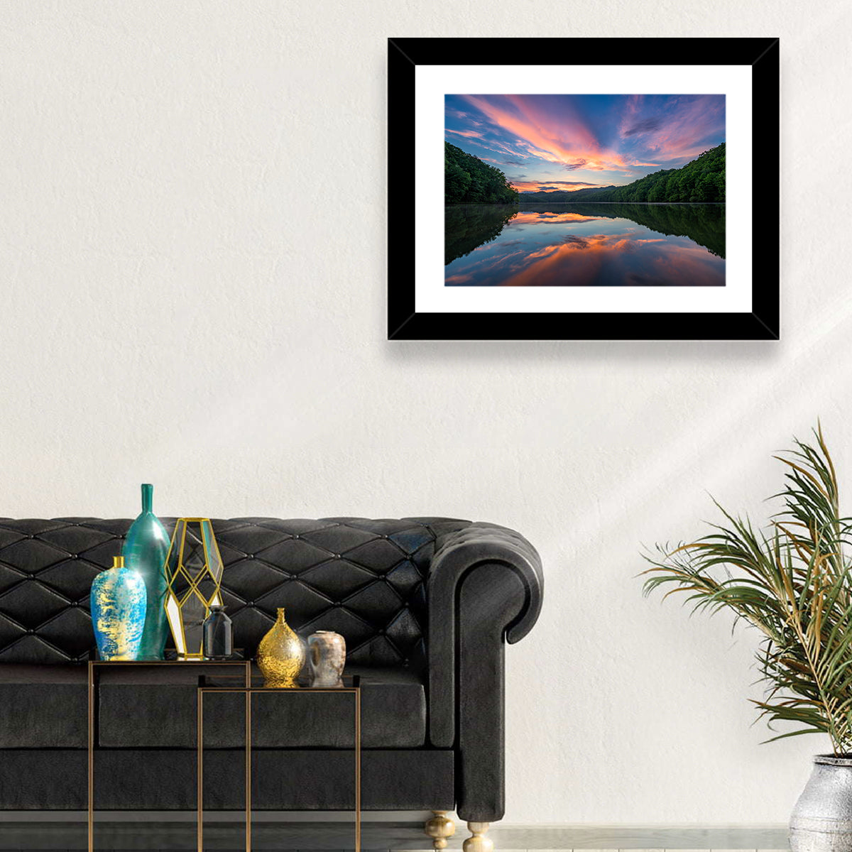 Appalachian Lake Sunset Wall Art in a room, landscape