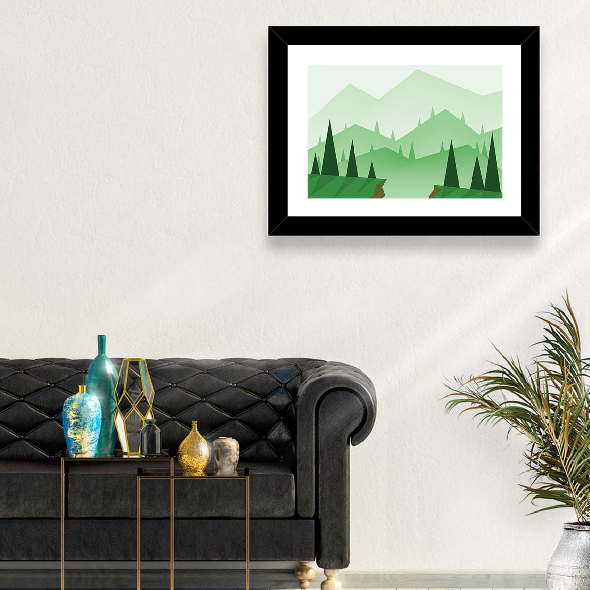 Misty Green Hills Illustration Wall Art in a room, landscape