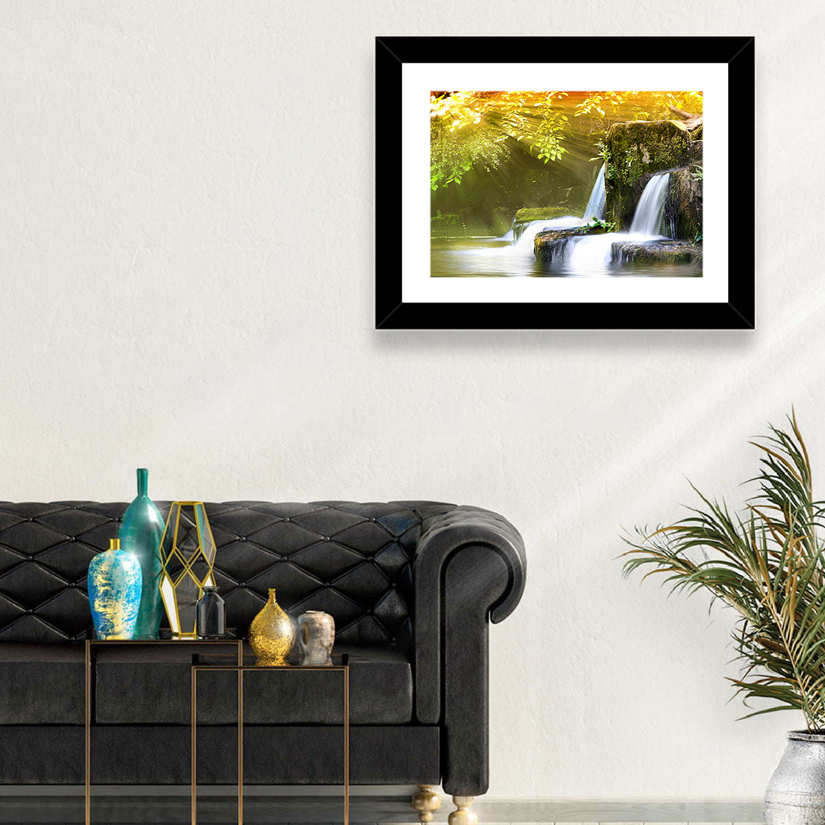 Sunlit Forest Waterfall Wall Art in a room, landscape