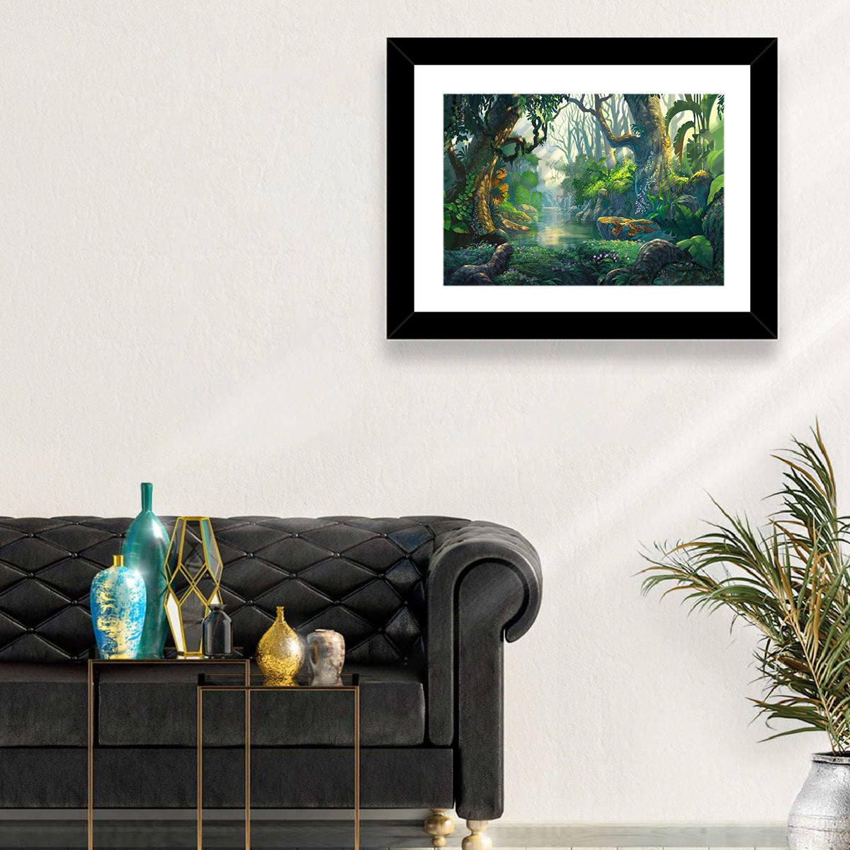 Sunlit Jungle River Wall Art in a room, landscape