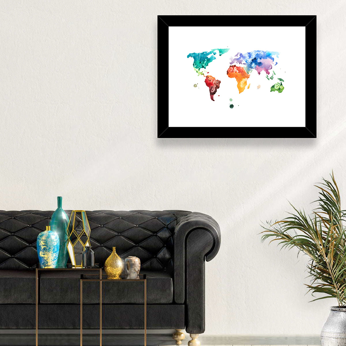Multicolor Watercolor World Map Wall Art in a room, landscape