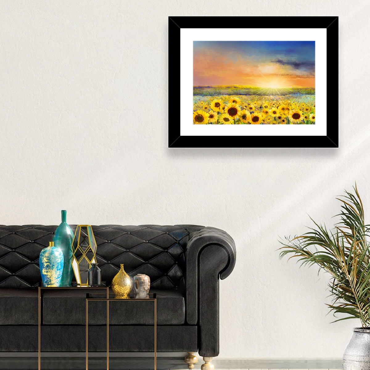 Sunburst Over Sunflower Field Wall Art in a room, landscape
