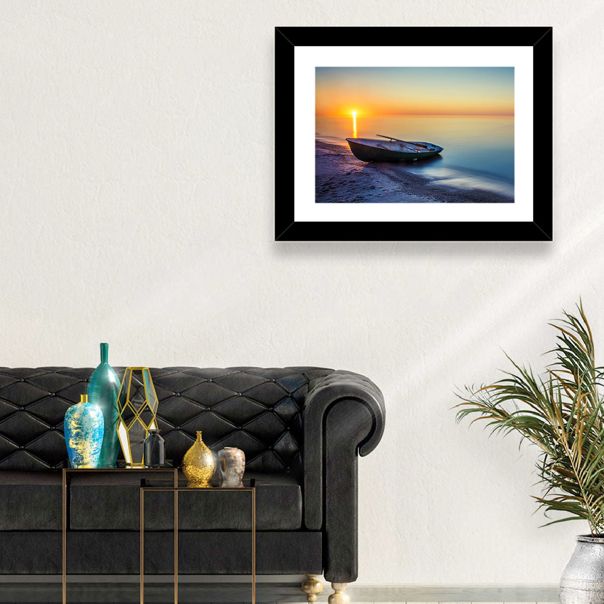 Rowboat Sunrise Seascape Wall Art in a room, landscape