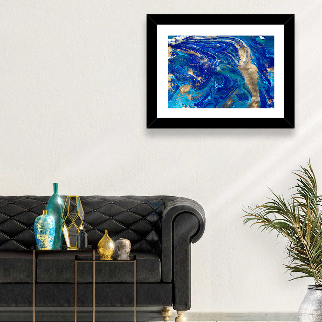 Blue and Gold Liquid Marble Swirls Wall Art