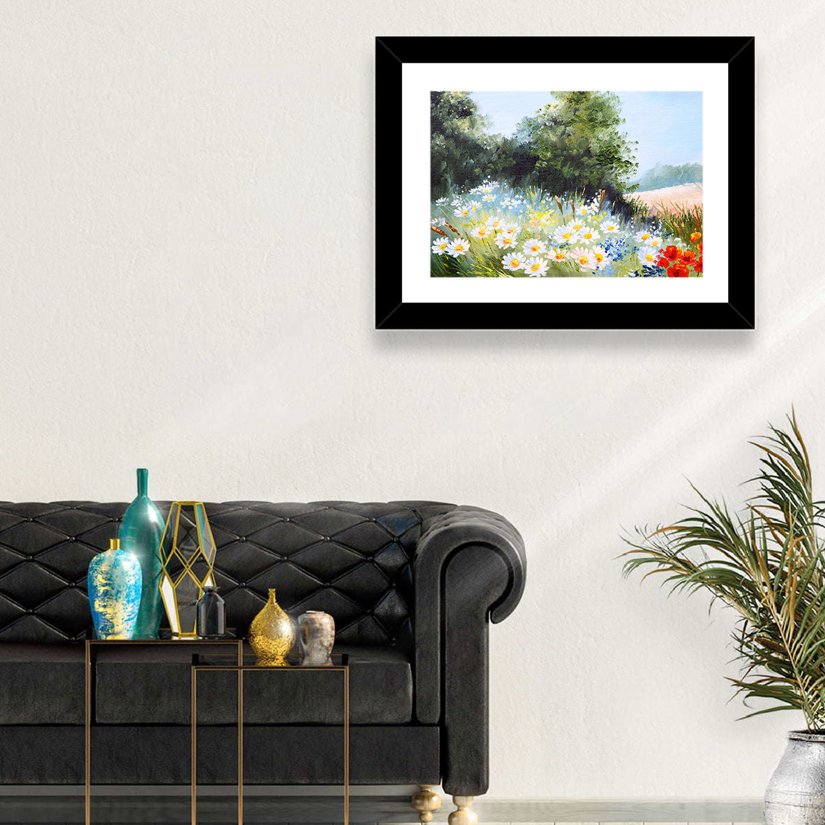 Sunny Daisy Meadow with Red Poppies Wall Art in a room, landscape