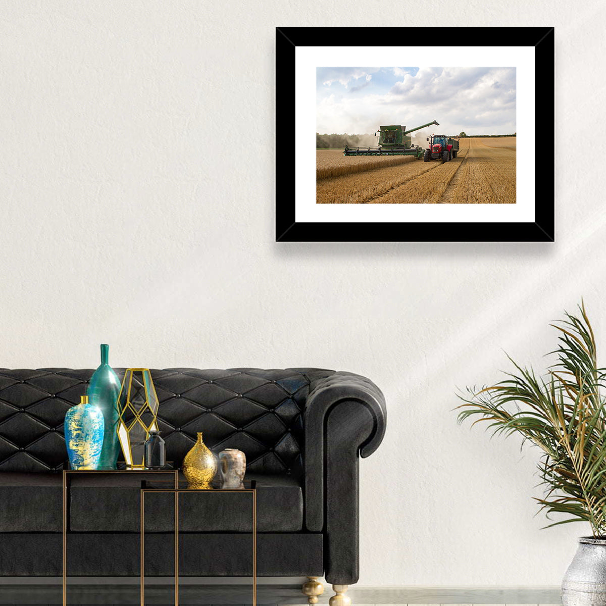 Wheat Harvest with Combine and Tractor Wall Art in a room, landscape