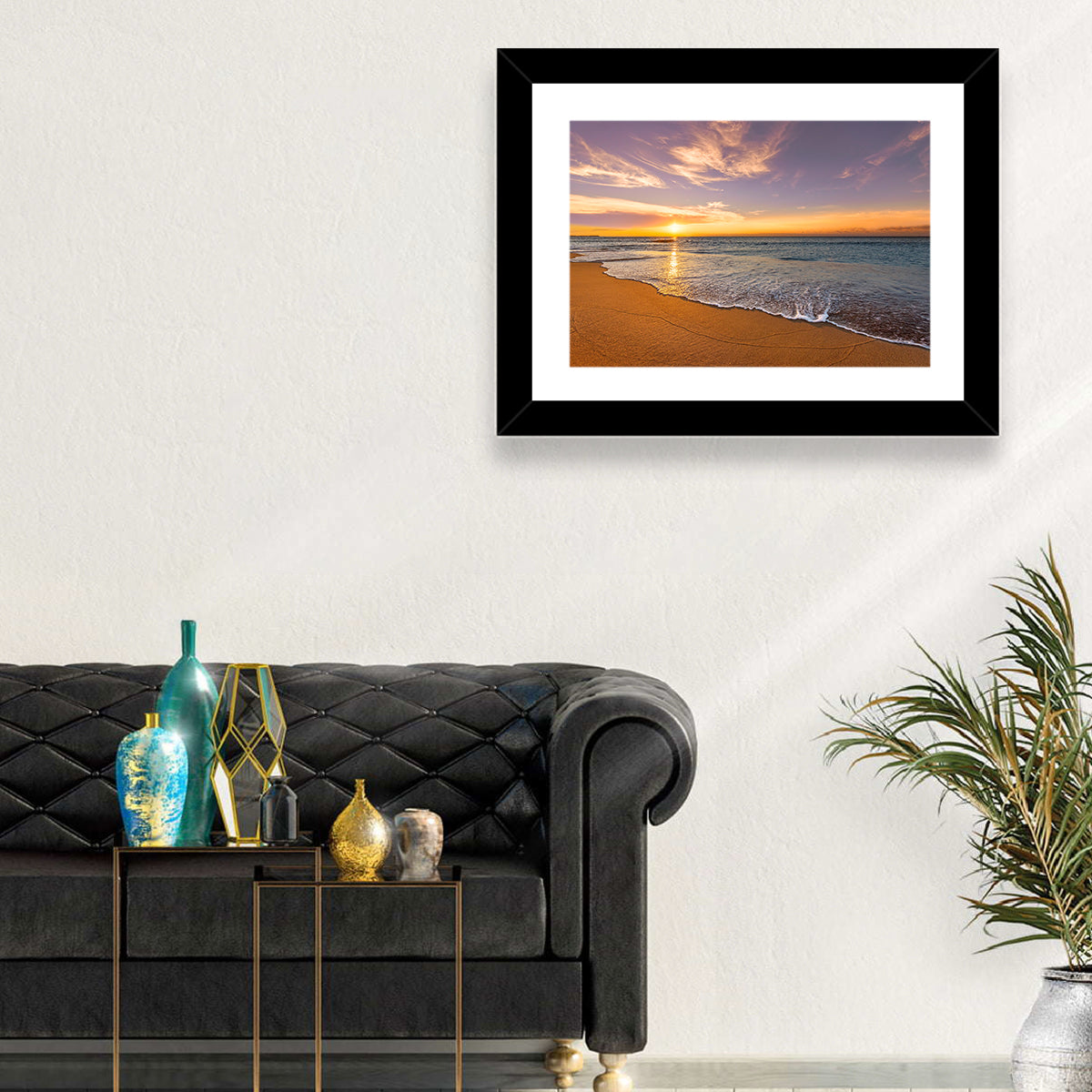 Sunrise Over Ocean Beach Wall Art in a room, landscape