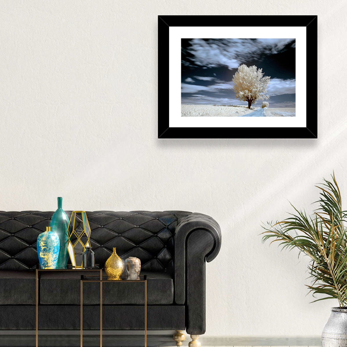 Infrared Winter Willow Tree Wall Art in a room, landscape