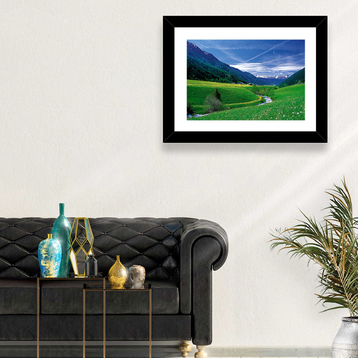 Snow-capped Peaks and Floral Meadow Wall Art in a room, landscape