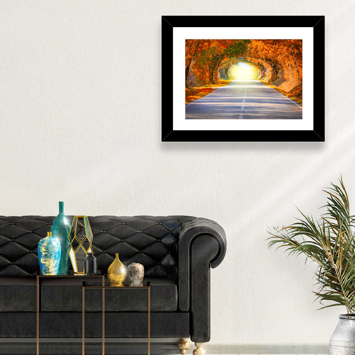 Golden Autumn Tree Tunnel Wall Art in a room, landscape