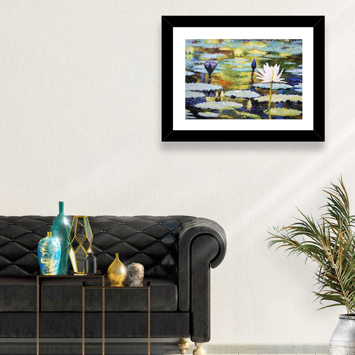 Impressionist Water Lilies Study Wall Art in a room, landscape