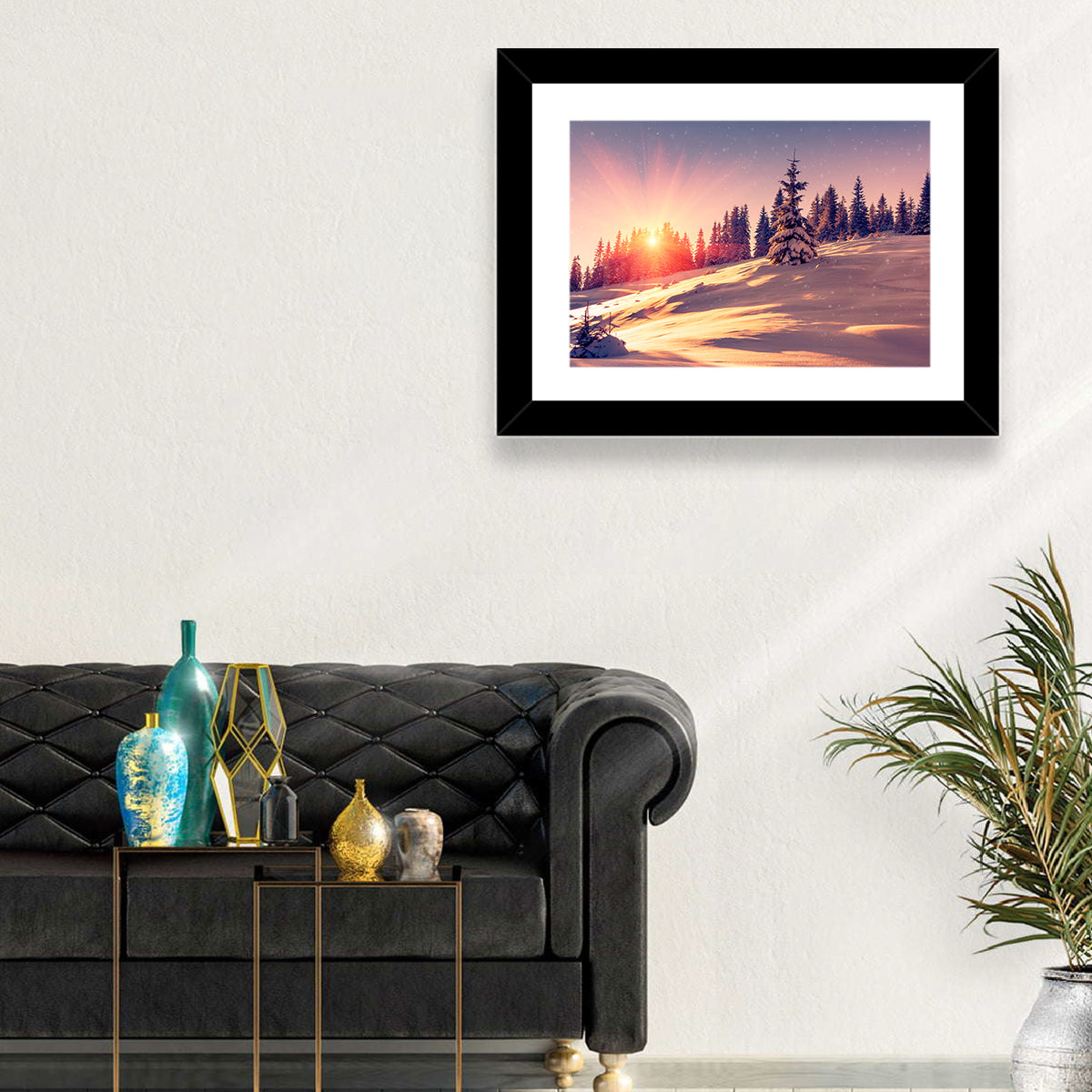 Winter Mountains Sunrise Wall Art in a room, landscape