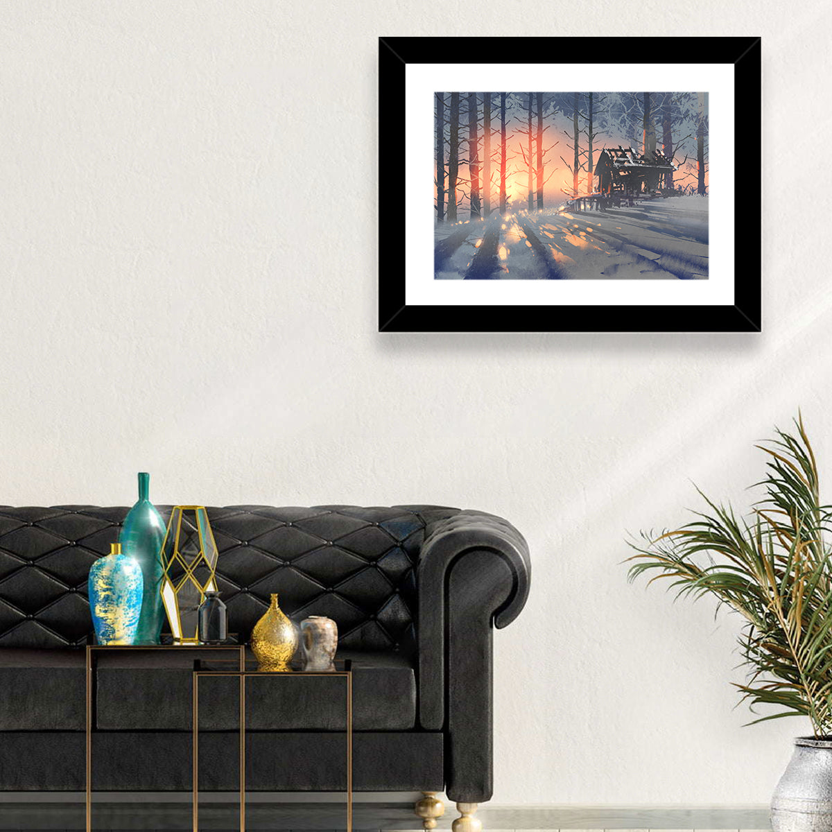 Snowy Forest Cabin at Sunset Wall Art in a room, landscape